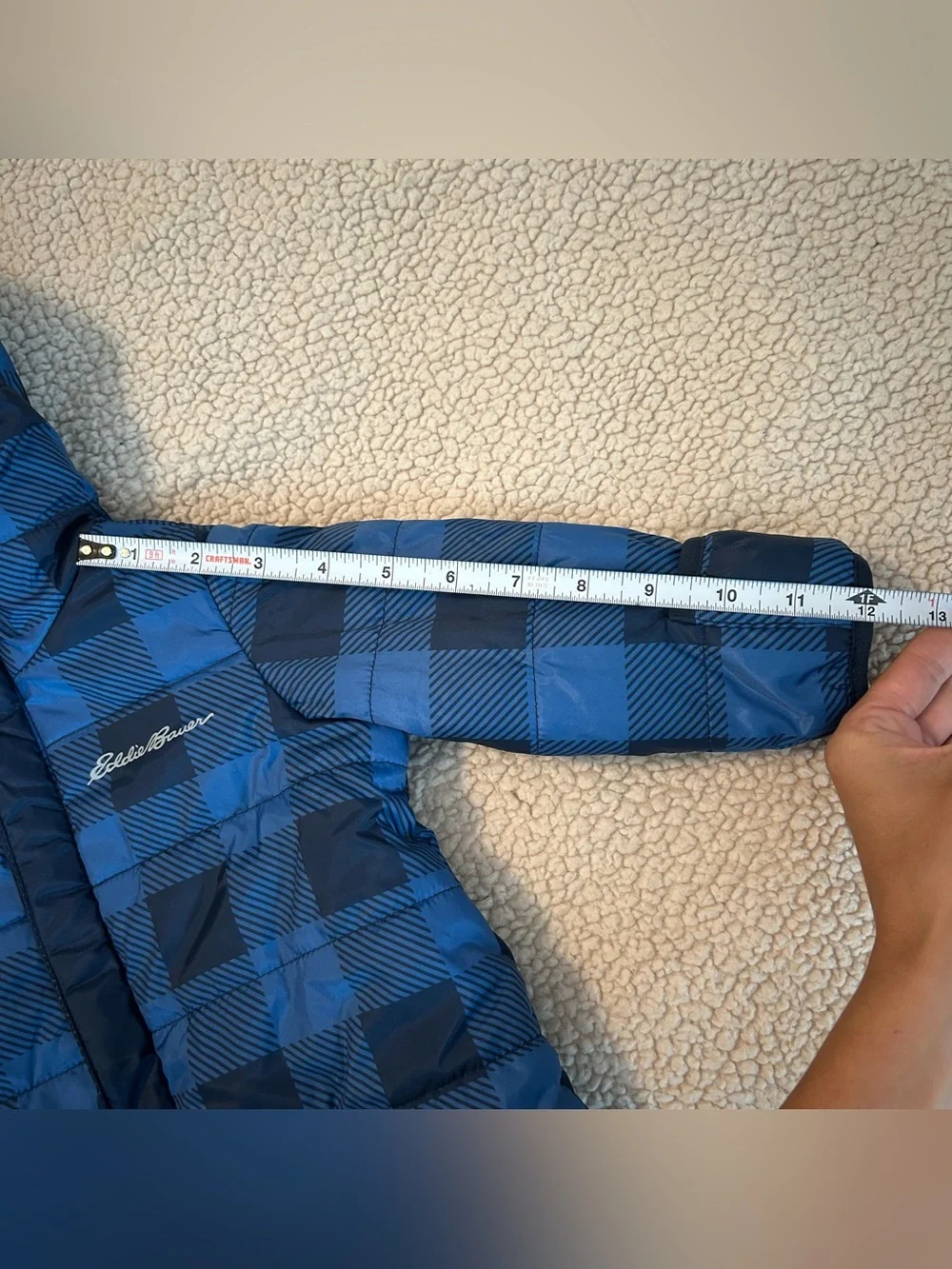 Eddie Bauer baby snowsuit blue and black plaid fullzip with sherpalined hood 3/6